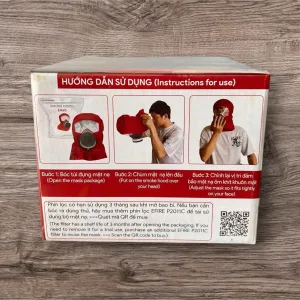 Mặt hộp có hình minh họa các bước đeo mặt nạ trùm đầu